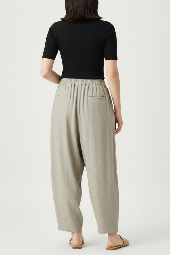 Pantalon Fluide Écru Ample Coton Lin Femme Décontracté - Kaki - vue 2