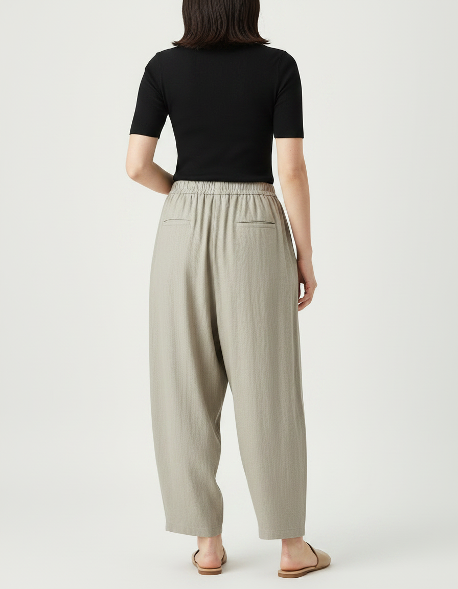 Pantalon Fluide Écru Ample Coton Lin Femme Décontracté - Kaki - vue 2