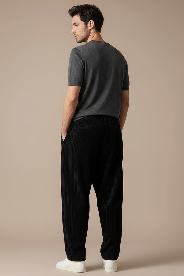 Pantalon Fluide Noir Côtelé Ample Cordon Décontracté - Cordé - vue 2