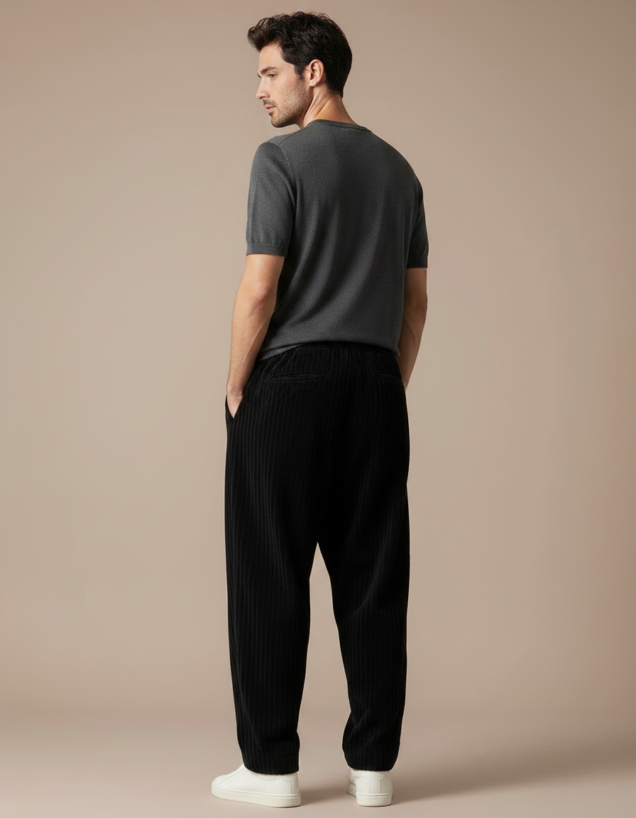 Pantalon Fluide Noir Côtelé Ample Cordon Décontracté - Cordé - vue 2