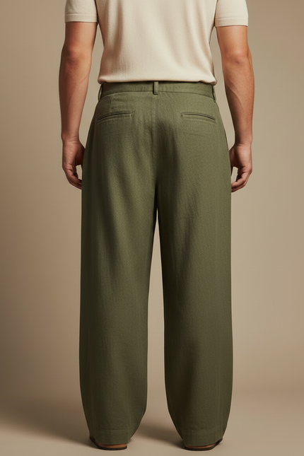 Pantalon Fluide Vert Kaki Lin Plissé Ample Homme - vue 2