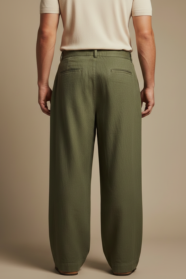 Pantalon Fluide Vert Kaki Lin Plissé Ample Homme - vue 2