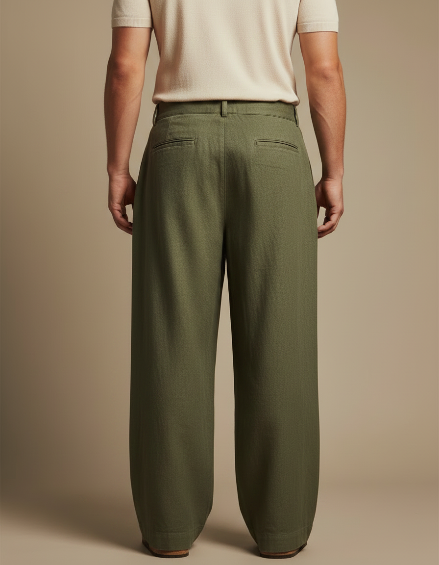 Pantalon Fluide Vert Kaki Lin Plissé Ample Homme - vue 2