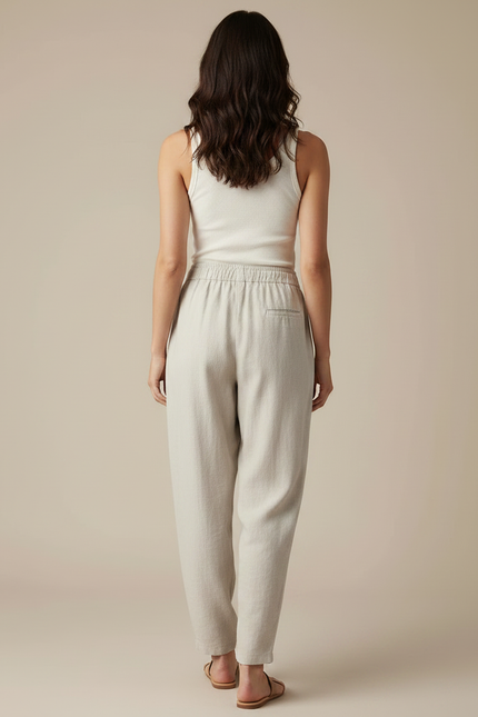 Pantalon Fluide Écru Coton Lin Ample Décontracté Harem - Beige - vue 2