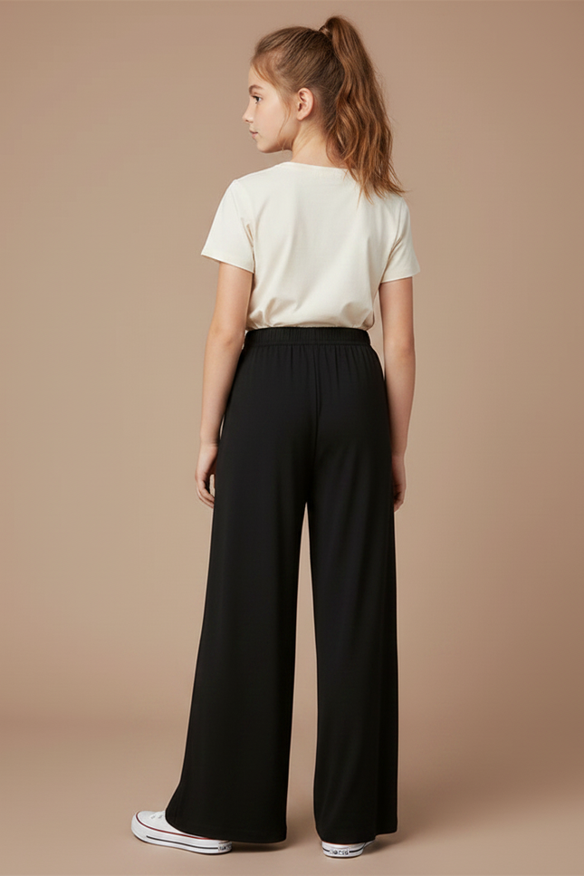 Pantalon Fluide Noir Ample Taille Élastiquée Fille - Viscose - vue 2
