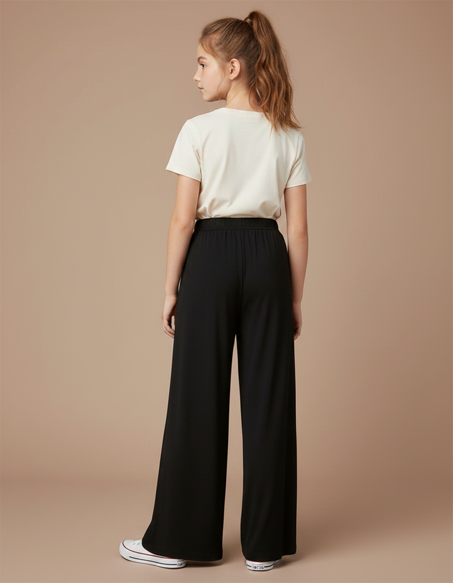 Pantalon Fluide Noir Ample Taille Élastiquée Fille - Viscose - vue 2