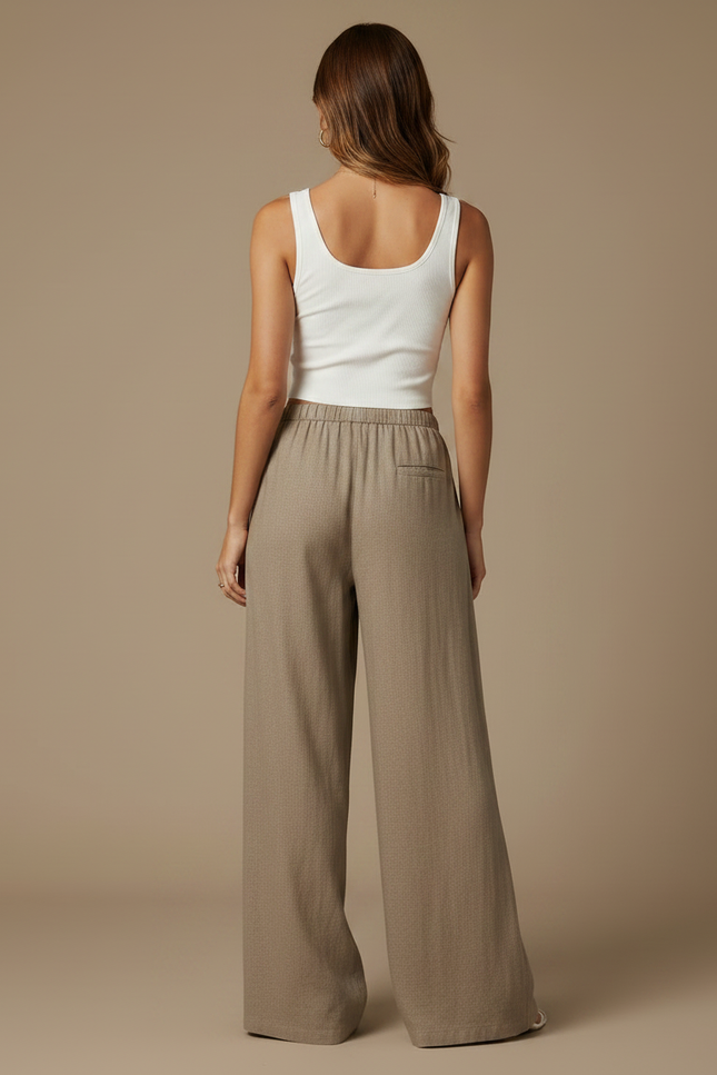 Pantalon Fluide Lin Beige Large Confortable Décontracté - Kaki - vue 2