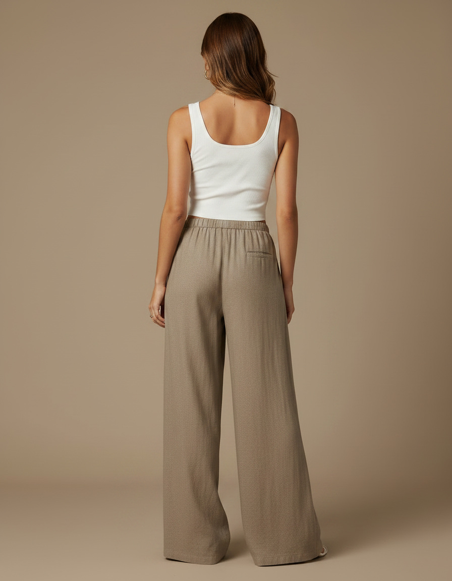 Pantalon Fluide Lin Beige Large Confortable Décontracté - Kaki - vue 2