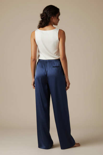 Pantalon Fluide Satiné Ample Bleu Marine Élégant Femme - vue 2