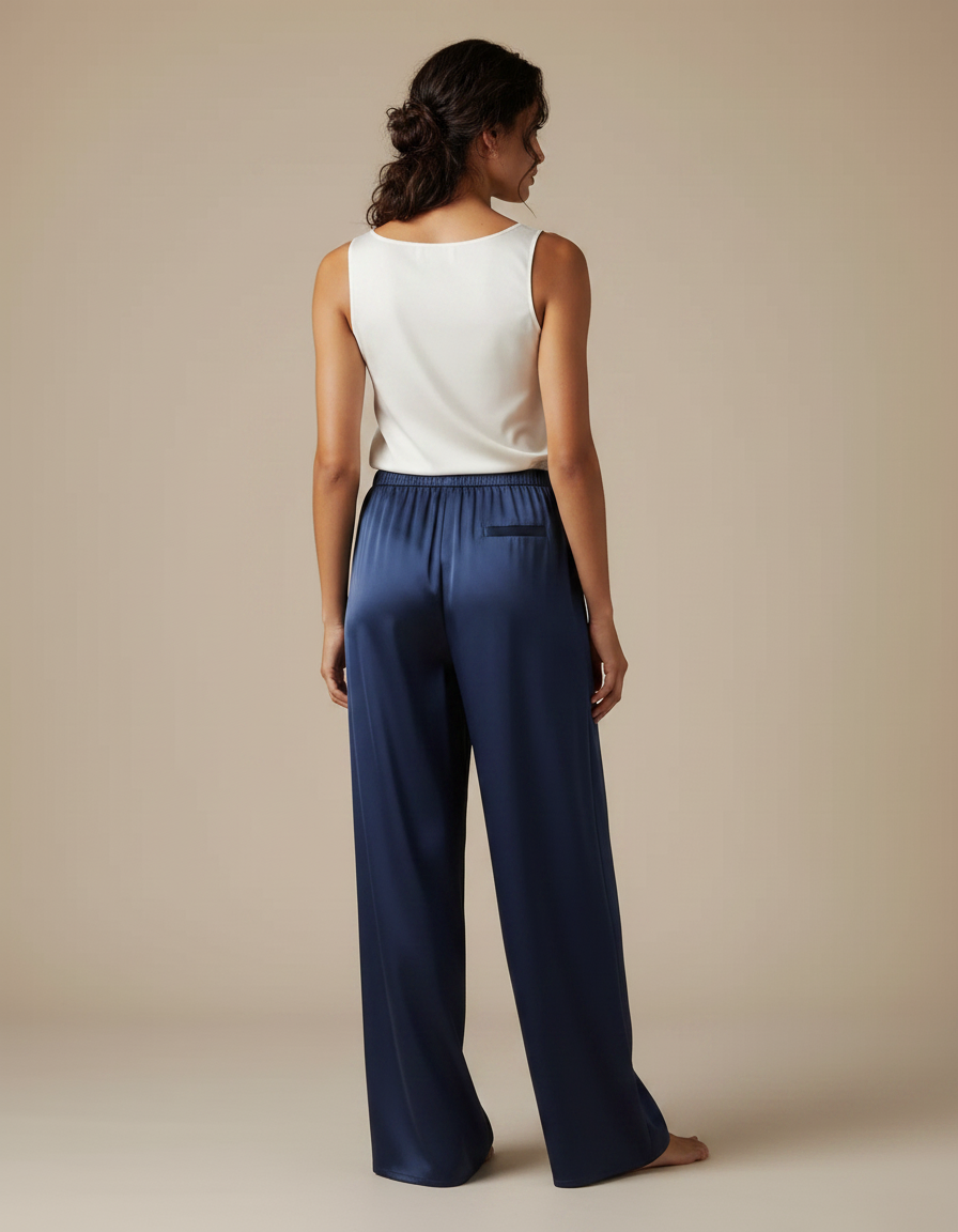 Pantalon Fluide Satiné Ample Bleu Marine Élégant Femme - vue 2