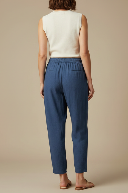 Pantalon Fluide Bleu Coton Lin Ample Décontracté Élastique - vue 2