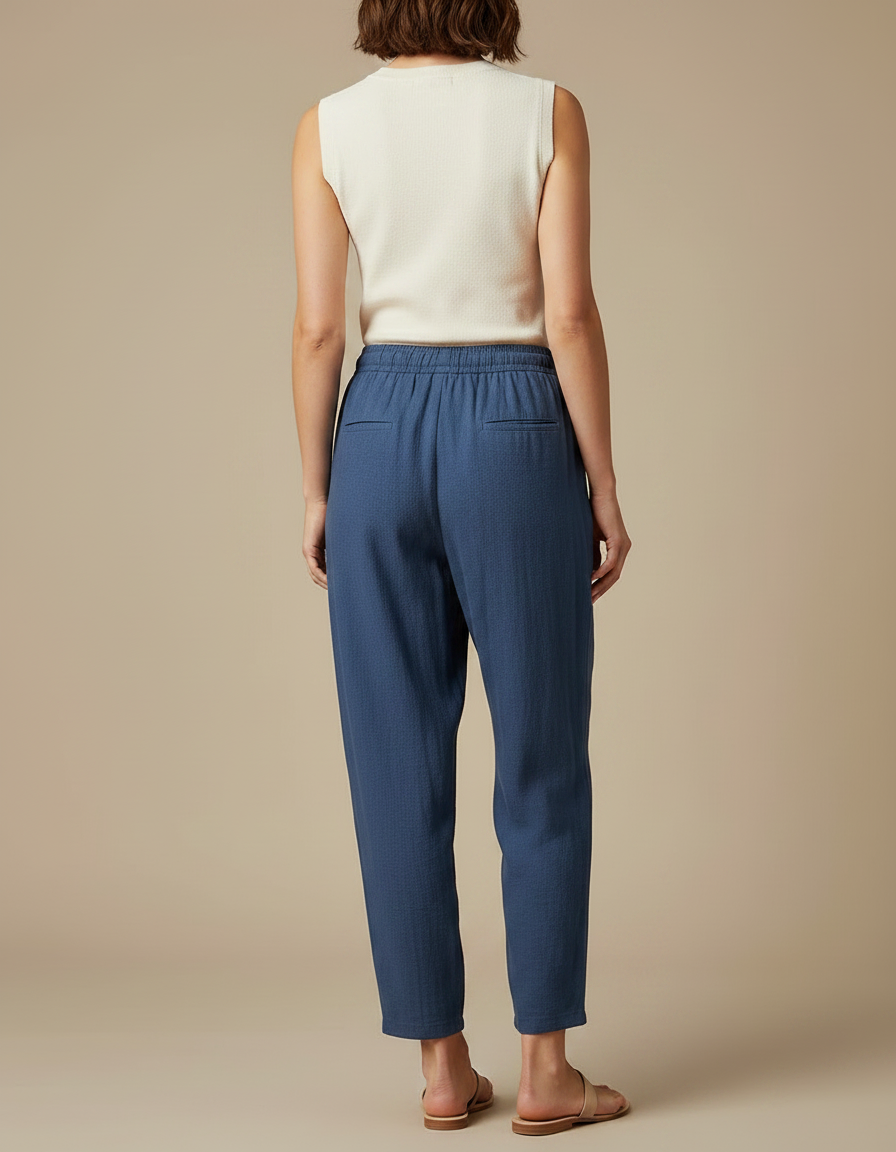 Pantalon Fluide Bleu Coton Lin Ample Décontracté Élastique - vue 2