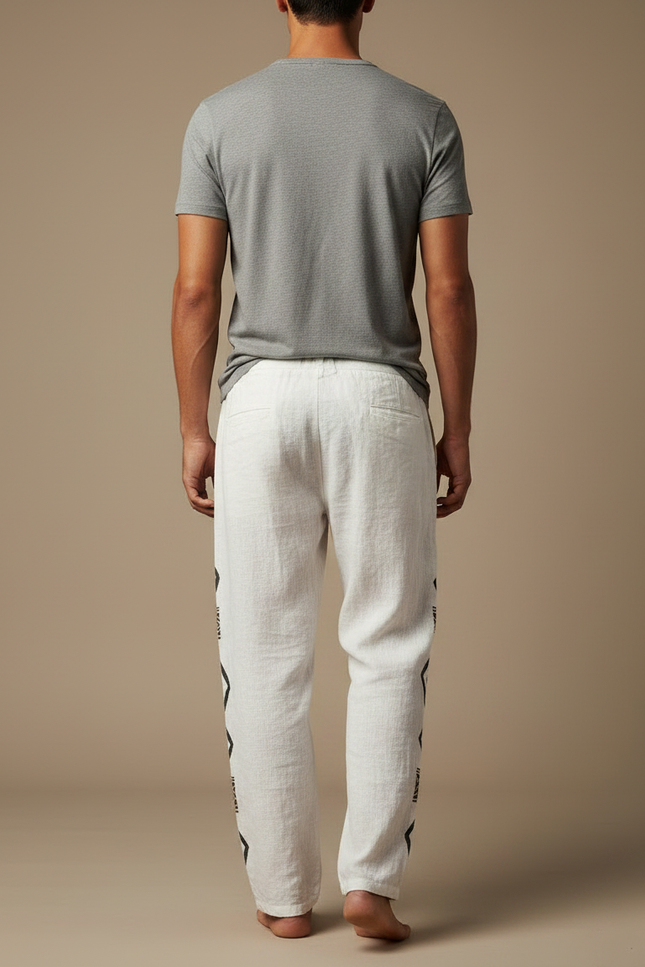 Pantalon Fluide Blanc Ethnique Tribal Ample Lin Homme - vue 2