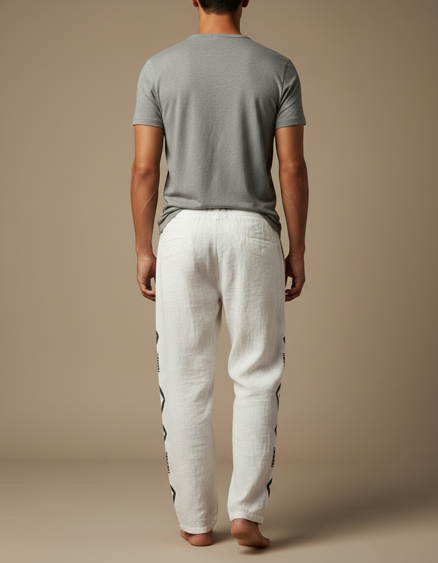Pantalon Fluide Blanc Ethnique Tribal Ample Lin Homme - vue 2