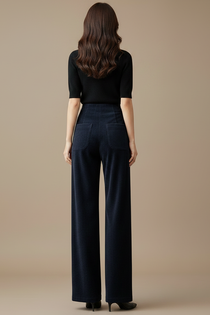 Pantalon Fluide Côtelé Large Taille Haute Femme - Marine Cordé - vue 2