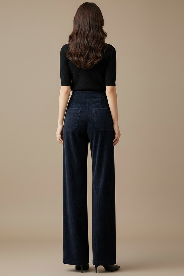 Pantalon Fluide Côtelé Large Taille Haute Femme - Marine Cordé - vue 2