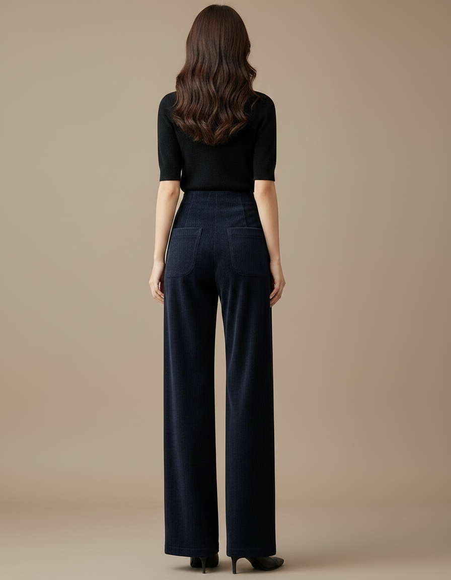 Pantalon Fluide Côtelé Large Taille Haute Femme - Marine Cordé - vue 2
