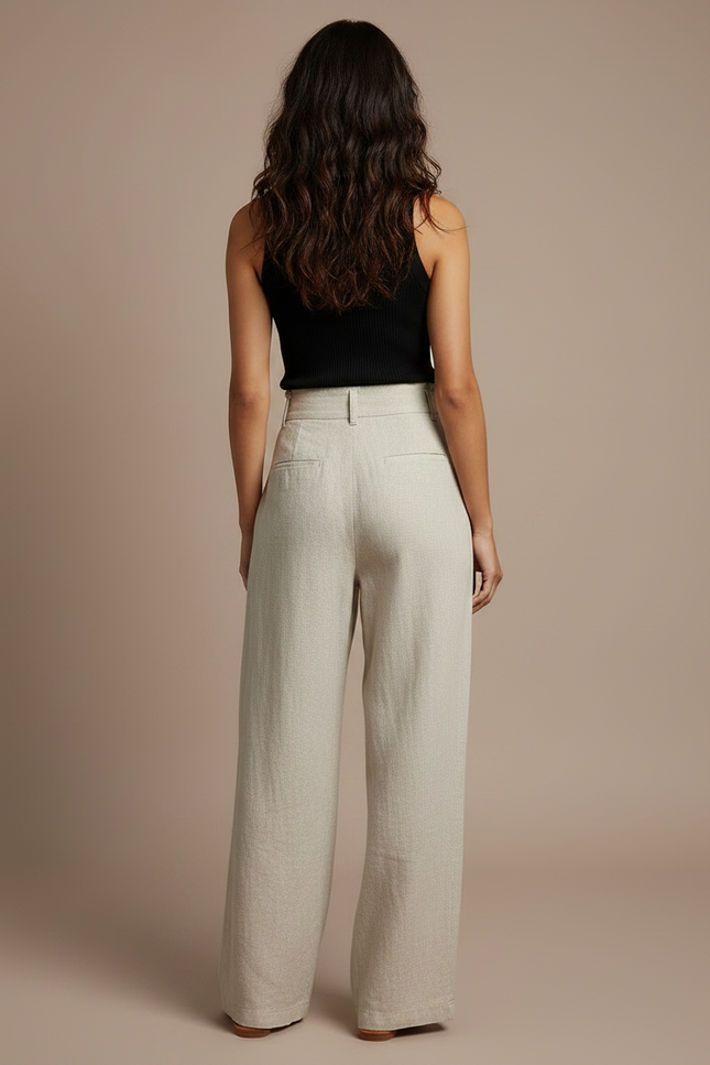 Pantalon Fluide Beige Large Taille Haute Lin - vue 2