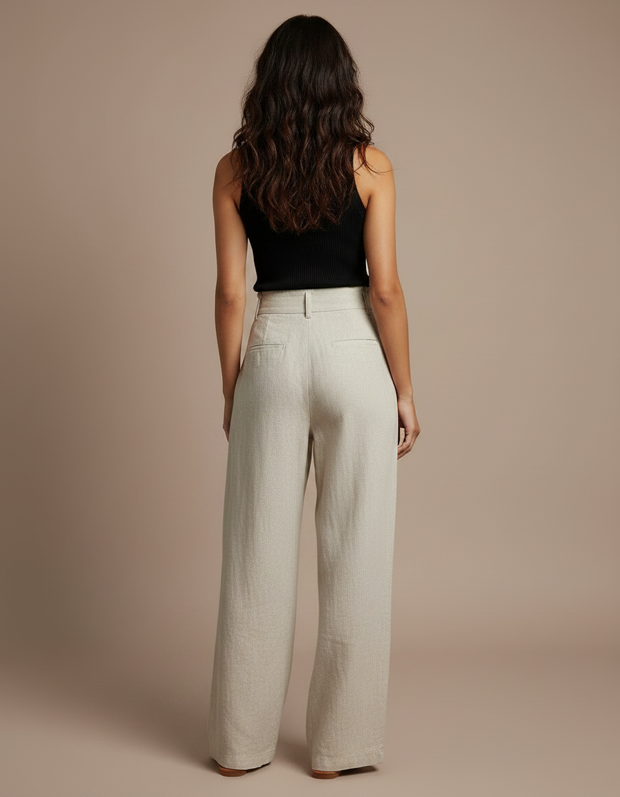 Pantalon Fluide Beige Large Taille Haute Lin - vue 2