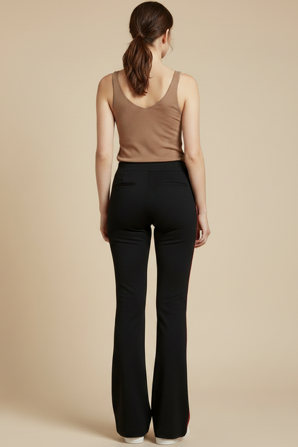 Pantalon Fluide Noir Évasé Bande Latérale Rouge - Polyester - vue 2