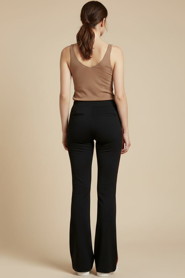 Pantalon Fluide Noir Évasé Bande Latérale Rouge - Polyester - vue 2