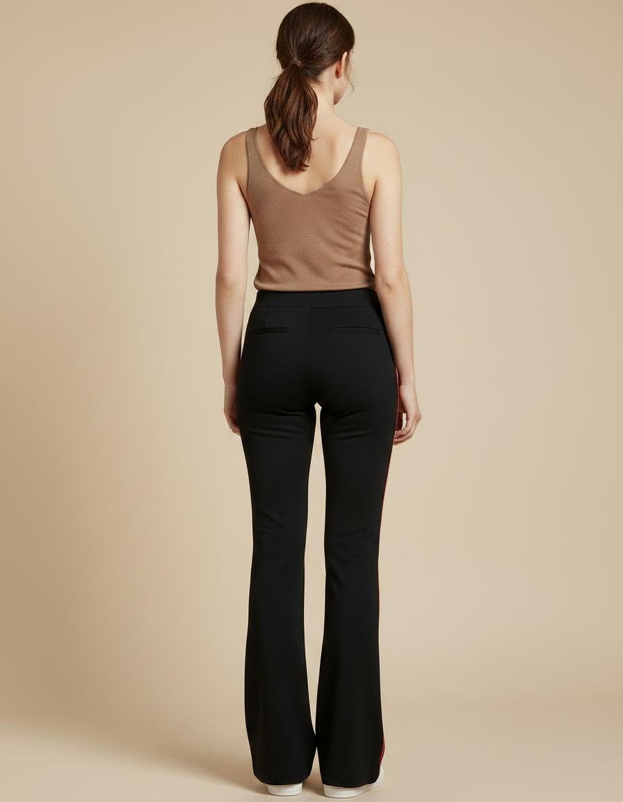 Pantalon Fluide Noir Évasé Bande Latérale Rouge - Polyester - vue 2