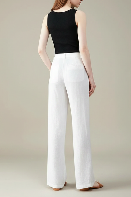 Pantalon Fluide Blanc Lin Ample Décontracté Élégant - vue 2