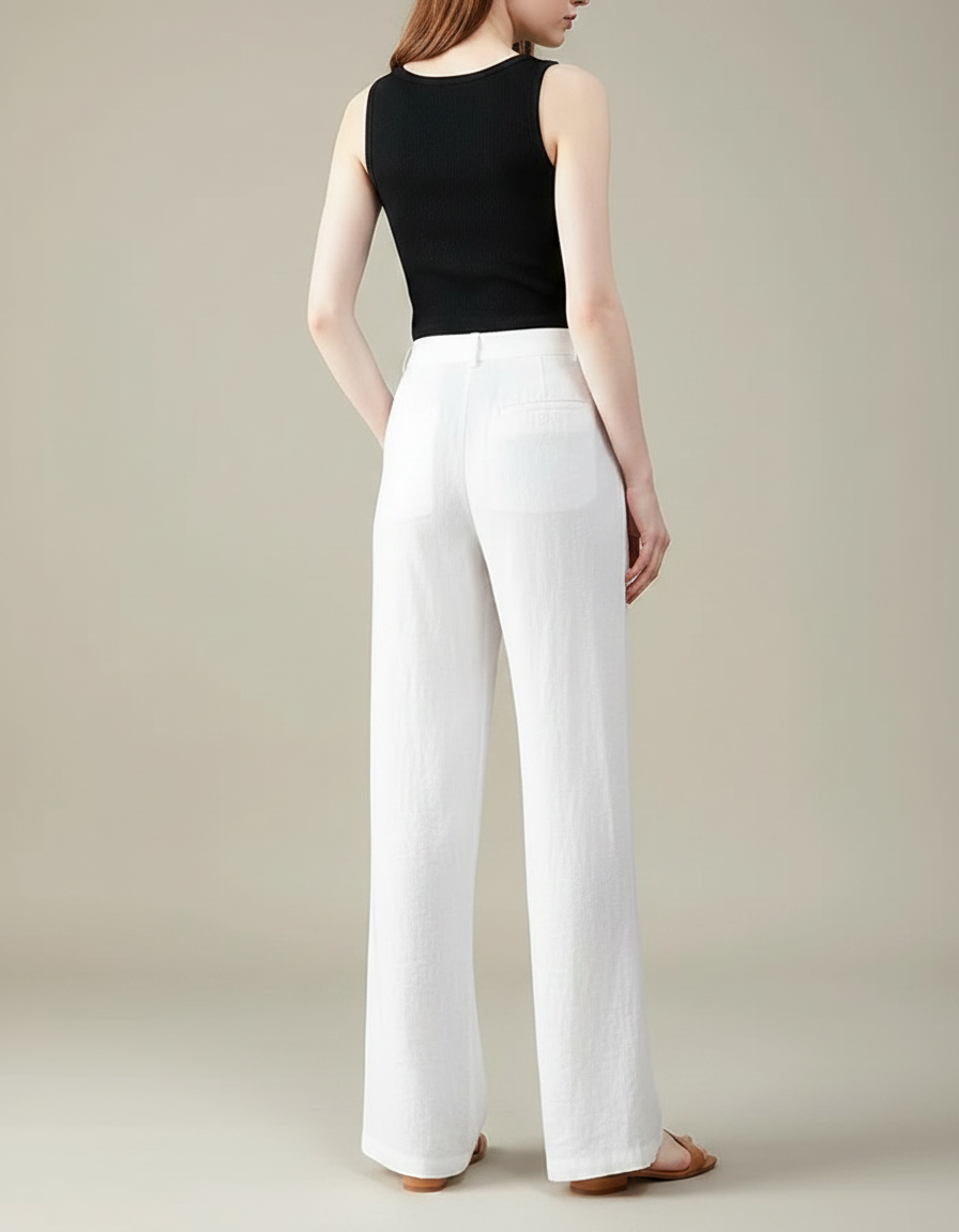 Pantalon Fluide Blanc Lin Ample Décontracté Élégant - vue 2