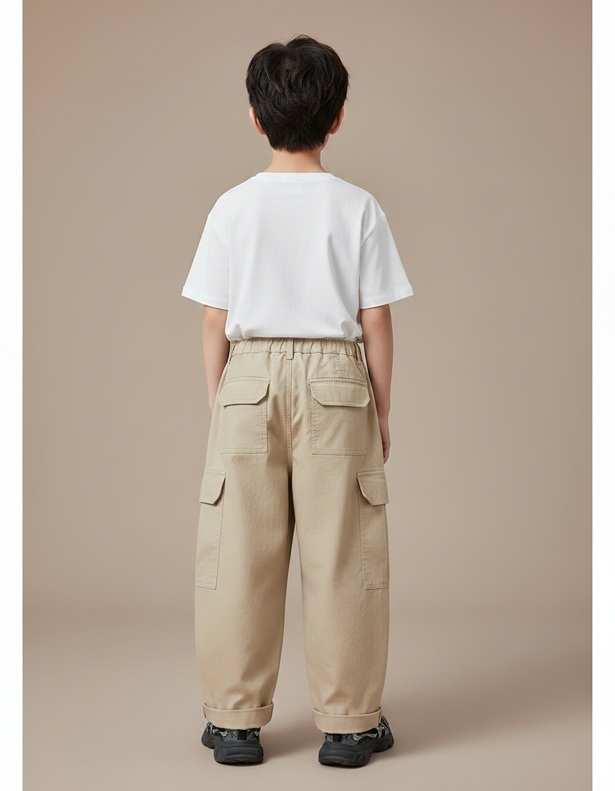 Pantalon Fluide Kaki Ample Cargo Coton Enfant - Toile - vue 2