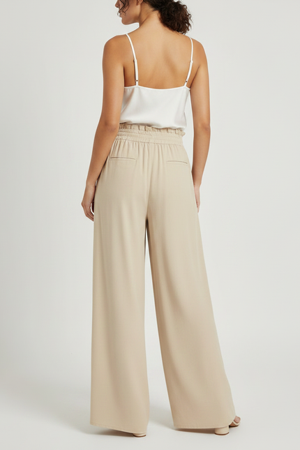 Pantalon Fluide Beige Large Taille Haute Cordon Décontracté - Viscose - vue 2