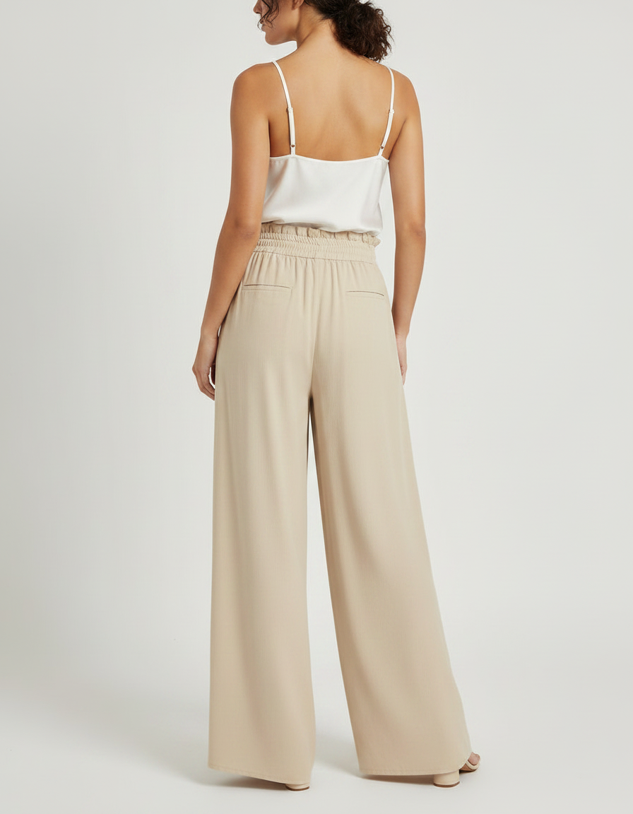 Pantalon Fluide Beige Large Taille Haute Cordon Décontracté - Viscose - vue 2