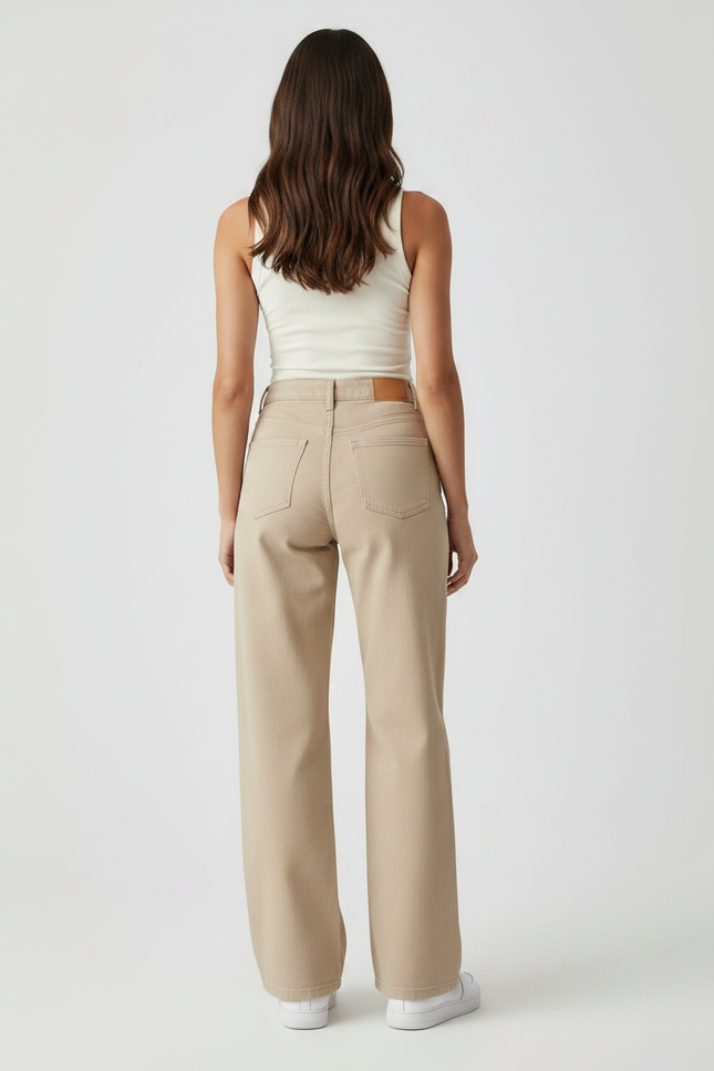 Pantalon Fluide Beige Large Confortable Taille Haute Femme - Jean - vue 2