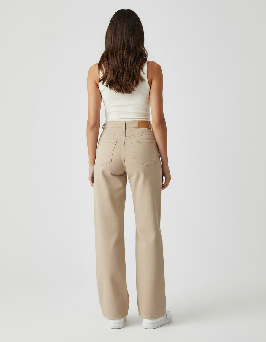 Pantalon Fluide Beige Large Confortable Taille Haute Femme - Jean - vue 2