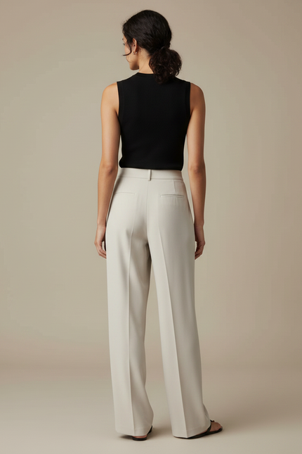 Pantalon Fluide Écru Ample Plissé Élégant Décontracté - Beige Polyester - vue 2