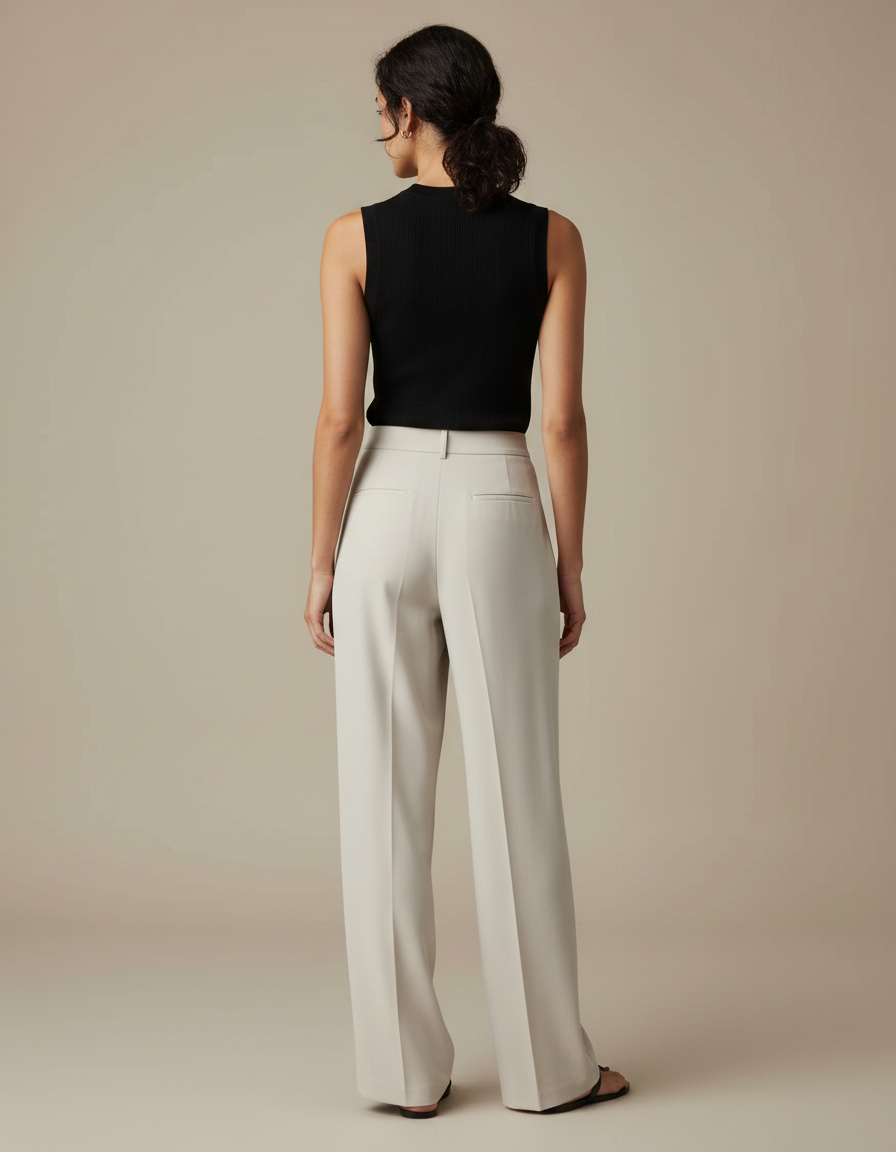 Pantalon Fluide Écru Ample Plissé Élégant Décontracté - Beige Polyester - vue 2