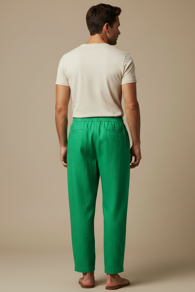 Pantalon Fluide Vert Émeraude Homme Lin Ample Décontracté - vue 2