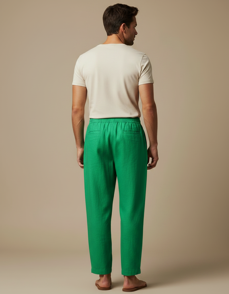 Pantalon Fluide Vert Émeraude Homme Lin Ample Décontracté - vue 2