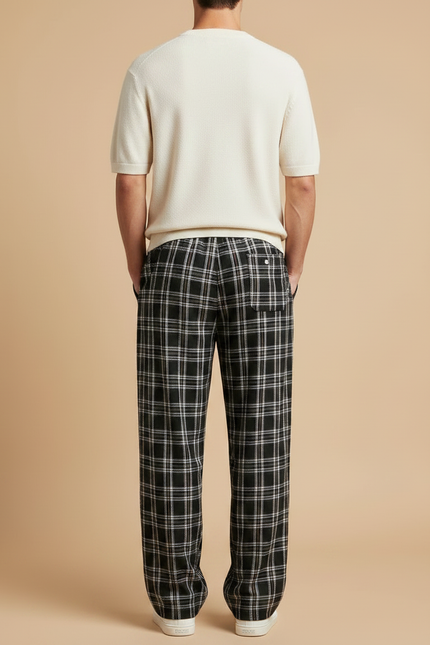 Pantalon Fluide Carreaux Noir Ample Cordon Décontracté Homme - Maille - vue 2