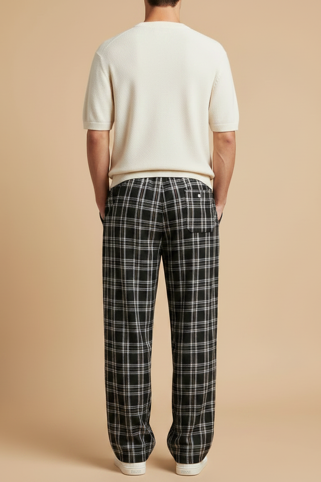 Pantalon Fluide Carreaux Noir Ample Cordon Décontracté Homme - Maille - vue 2
