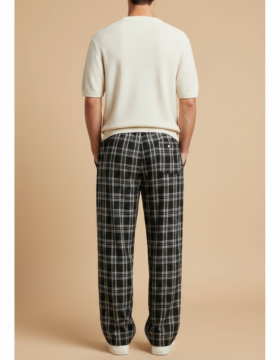Pantalon Fluide Carreaux Noir Ample Cordon Décontracté Homme - Maille - vue 2