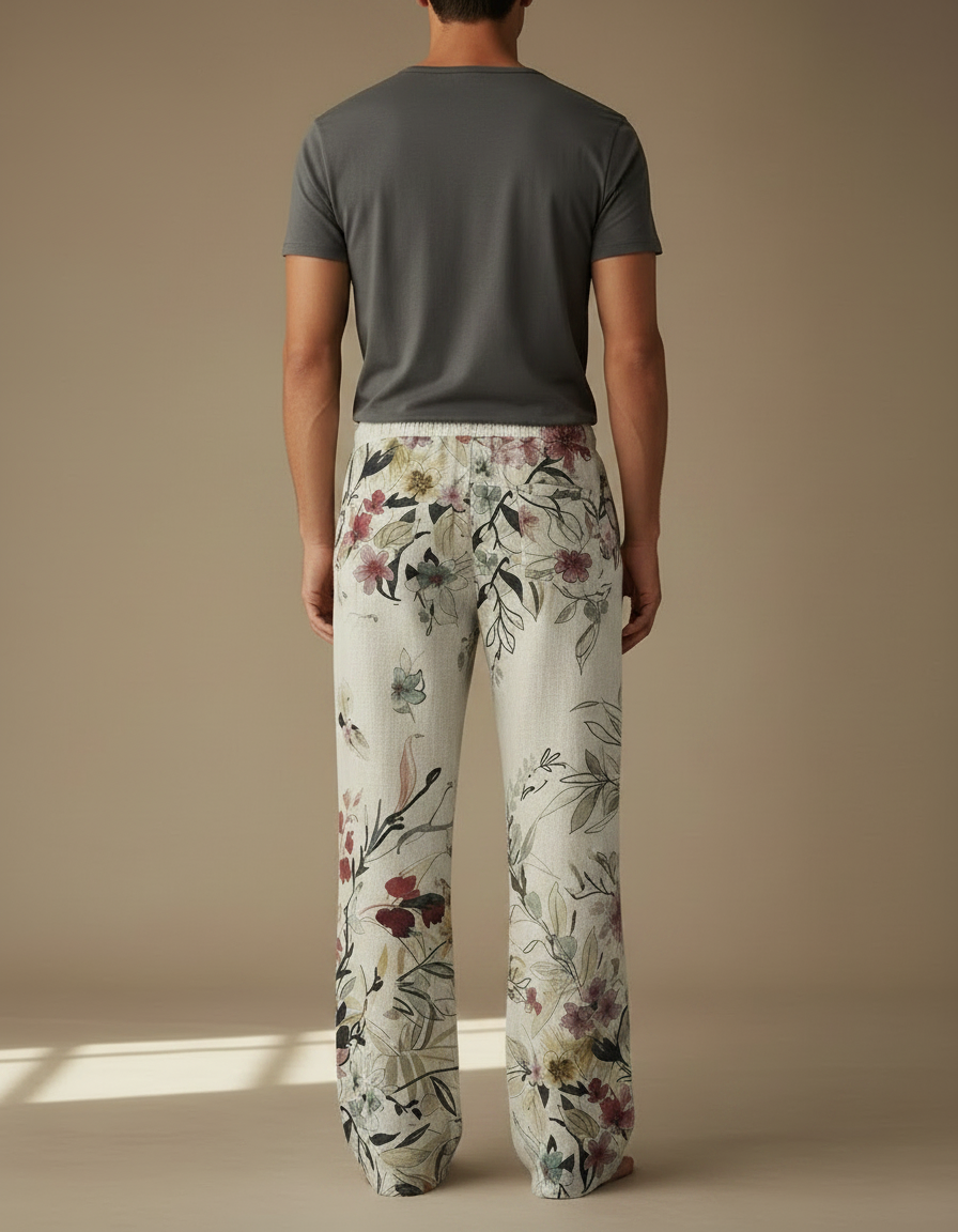 Pantalon Fluide Lin Imprimé Floral Ample Décontracté Homme - vue 2