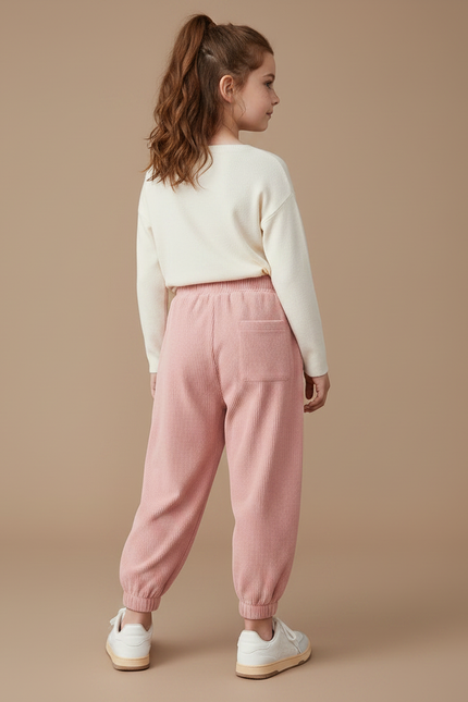 Pantalon Fluide Côtelé Rose Ample Brodé Lapin Fille - Cordé - vue 2