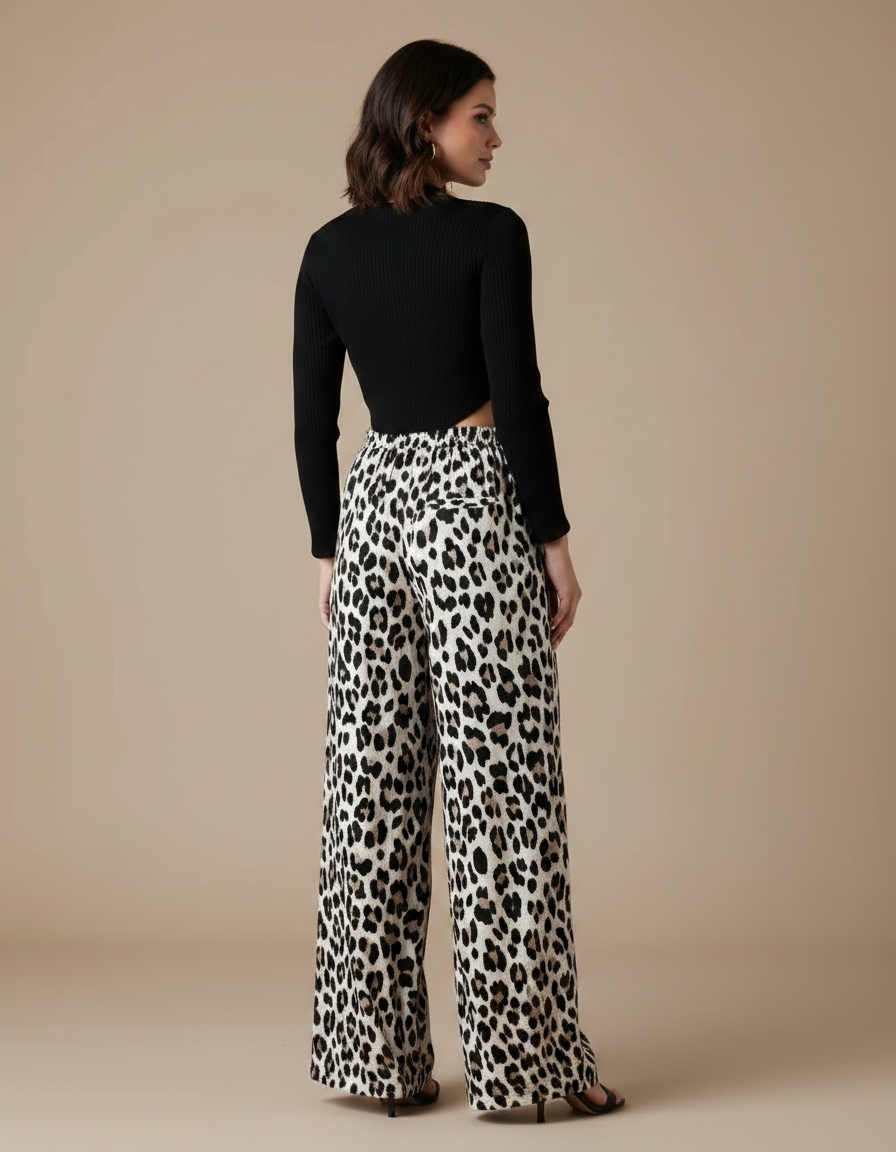 Pantalon Fluide Léopard Taille Haute Ample Imprimé Animal - Viscose - vue 2