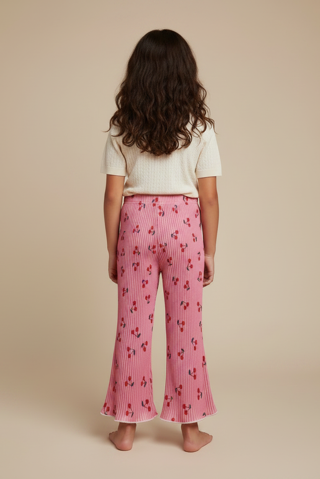 Pantalon Fluide Rose Plissé Évasé Cerises Fille - Maille - vue 2