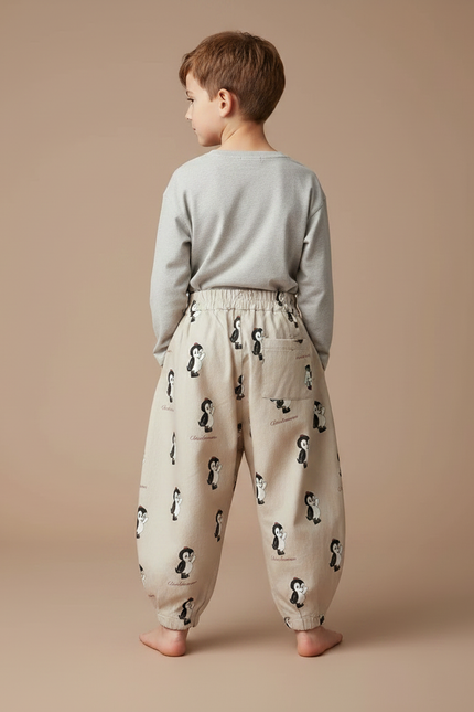 Pantalon Fluide Beige Ample Imprimé Pingouin Décontracté Enfant - Lin - vue 2