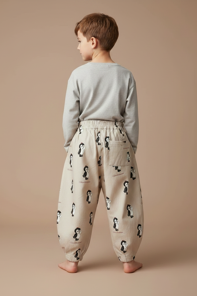 Pantalon Fluide Beige Ample Imprimé Pingouin Décontracté Enfant - Lin - vue 2