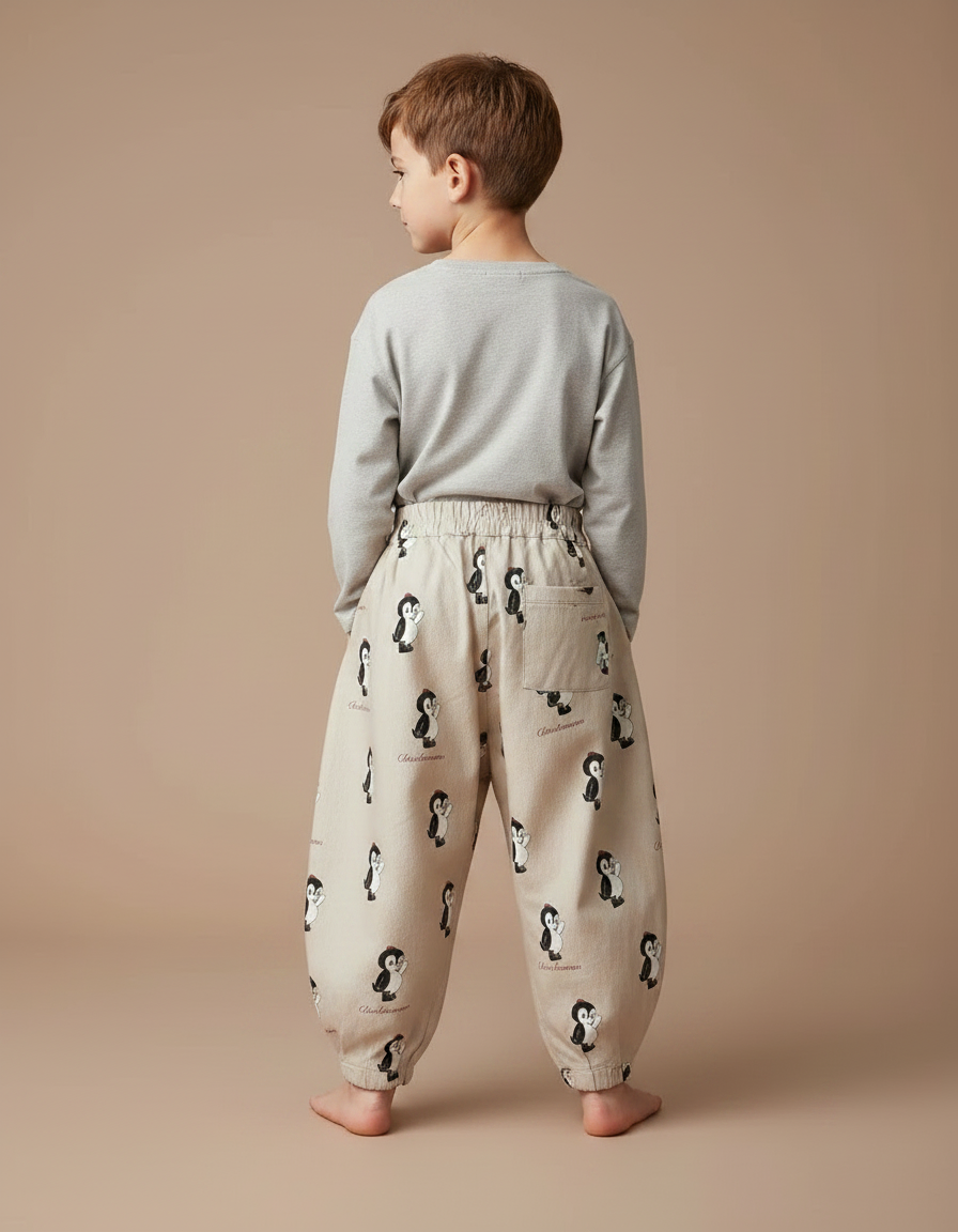 Pantalon Fluide Beige Ample Imprimé Pingouin Décontracté Enfant - Lin - vue 2