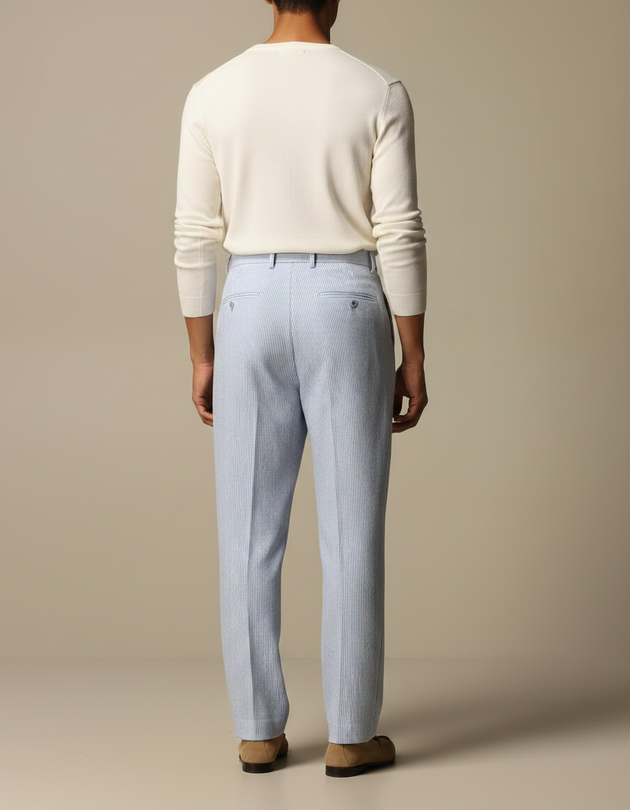 Pantalon Fluide Rayé Bleu Ciel Plissé Décontracté Homme - Lin - vue 2