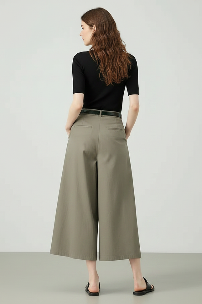 Pantalon Fluide Kaki Ample Plissé Décontracté Coton - vue 2
