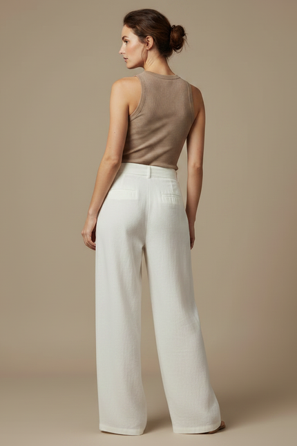 Pantalon Fluide Écru Ample Lin Ceinture Nouée - Blanc - vue 2